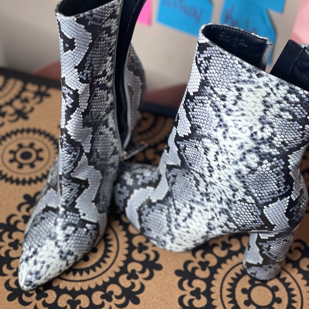Snake print glow in the dark heeled booties